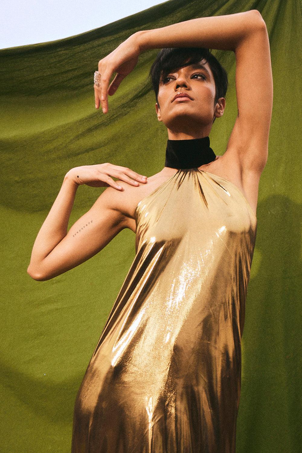 liquid gold dress MEL | Pre-order Custom Metal Draped Metallic Asymmetrical One Shoulder Halter High Slit Low Backless Long Gown Ethically manufactured in Los Angeles. liquid gold gown  Adrian
