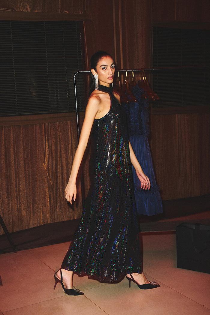 Metallic Jersey Rainbow Rope Neck Dress Kangana Trehan