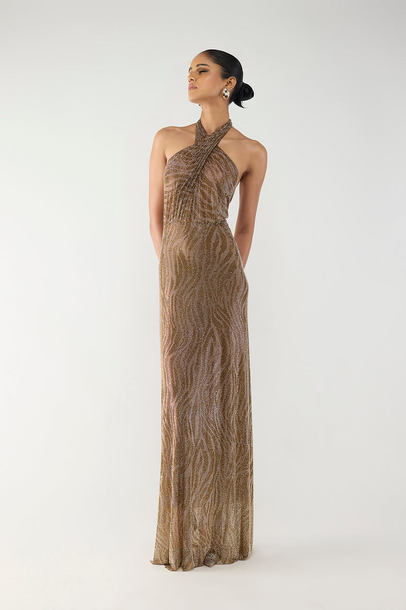 Gold Sequin Halter Gown