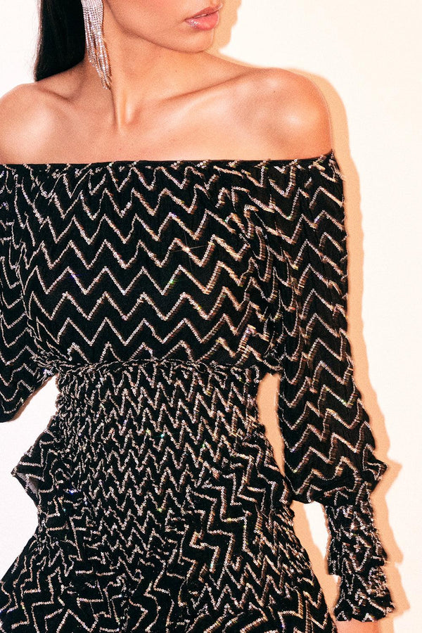 Chevron Off-Shoulder Ruched Dress With Sequins