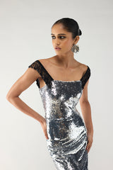 Silver Beaded Straped Gown