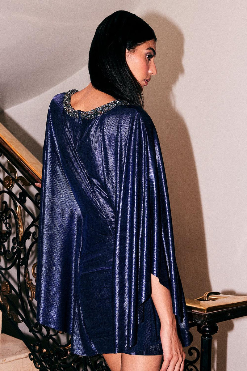 Starry Blue Metallic Liquid Jersey Dress With Flared Sleeves