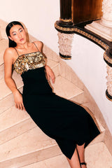 Black Strappy Lycra Dress With Gold Embellishments