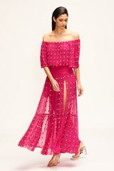 Hot Pink Off Shoulder Maxi Dress With Slits