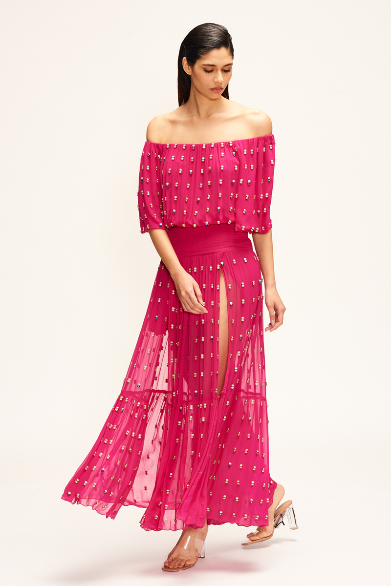 Hot Pink Off Shoulder Maxi Dress With Slits