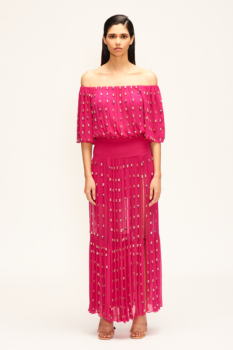 Hot Pink Off Shoulder Maxi Dress With Slits