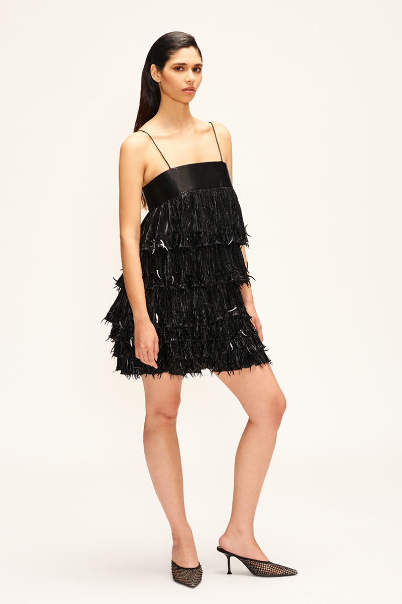 Black Pleated Foil Dress With Embellishments