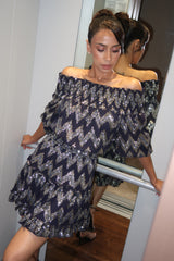 MIDNIGHT BLUE OFF SHOULDER SEQUINNED CHEVRON DRESS