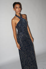 Midnight Blue Swarovski Halter Gown