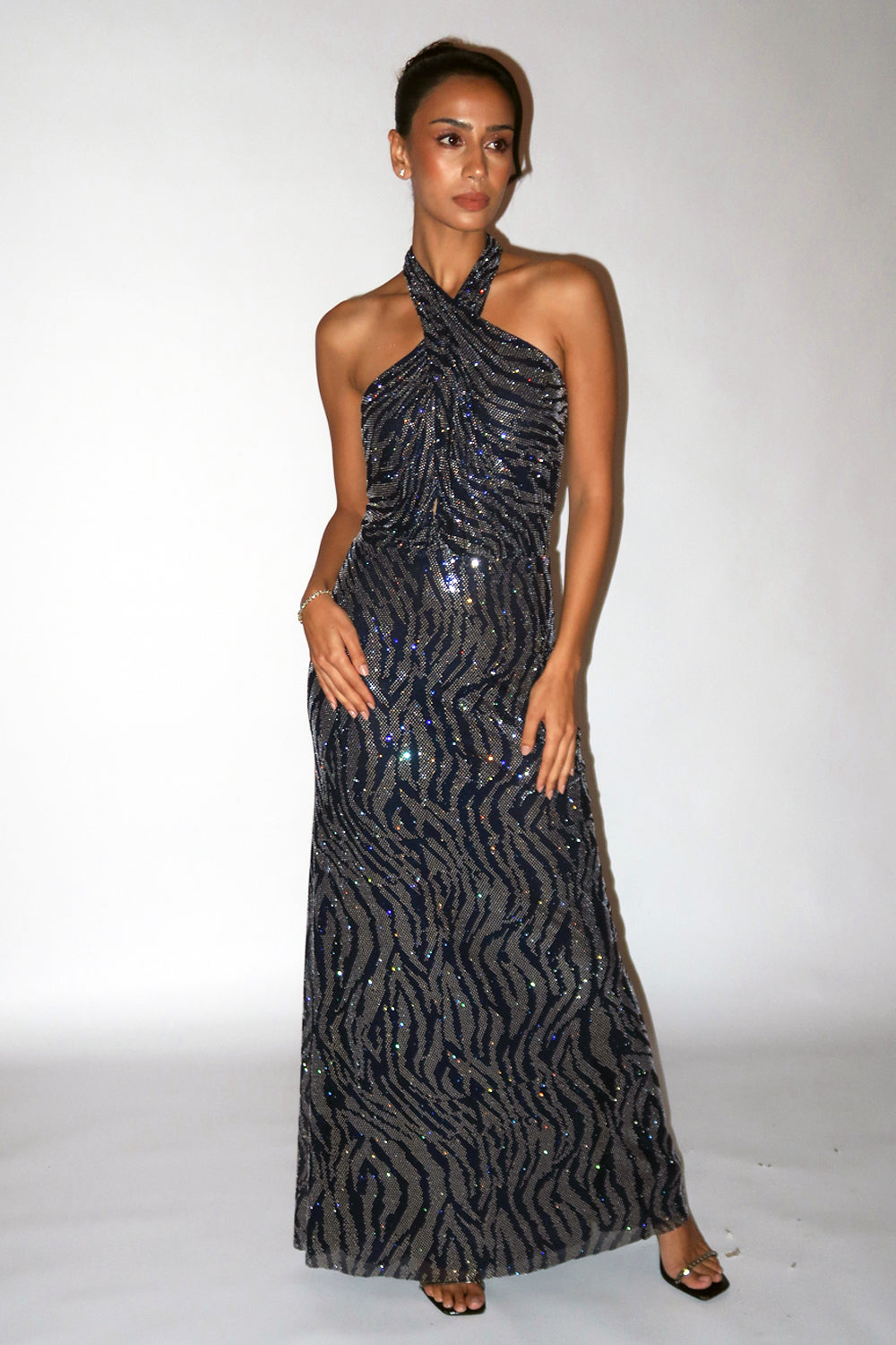 Midnight Blue Swarovski Halter Gown