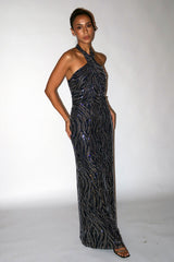 Midnight Blue Swarovski Halter Gown