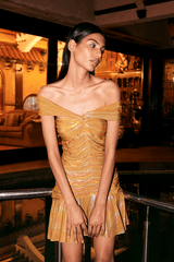 Yellow Metallic Jersey Off-Shoulder Dress