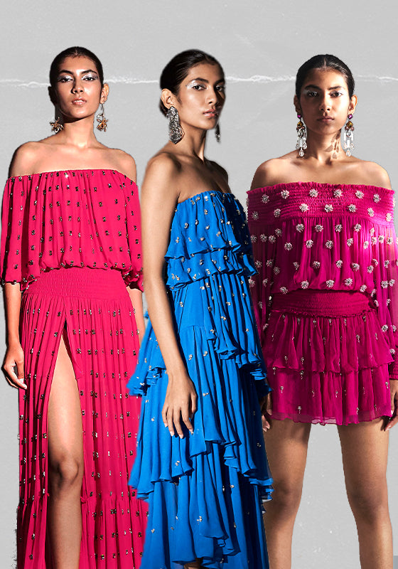 kangana trehan embellished dresses with off-the-shoulder designs