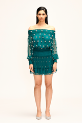 Green Ruched Sleeves Dress With Swarovski Crystals