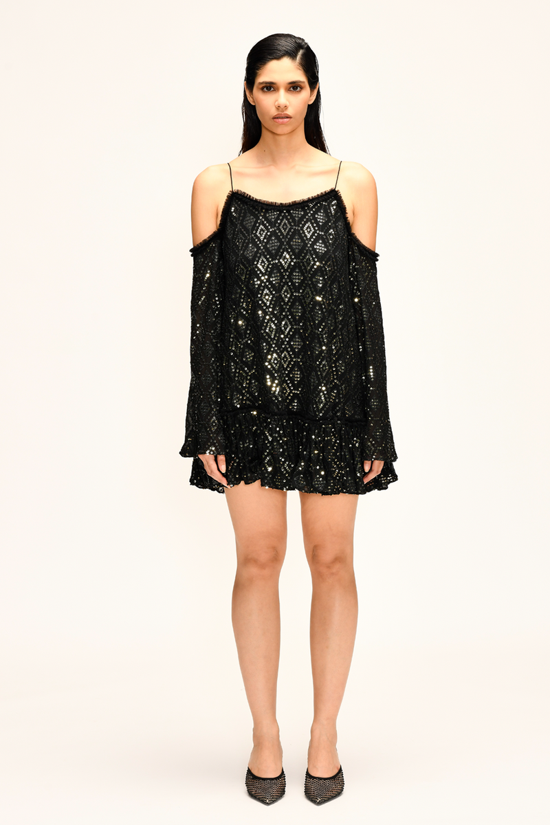 Black Embroidered Dress With Flared Sleeves