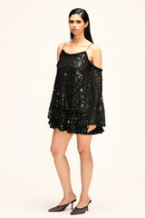 Black Embroidered Dress With Flared Sleeves