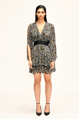 Black Printed Dress With Rope Belt & Stone Embellishments