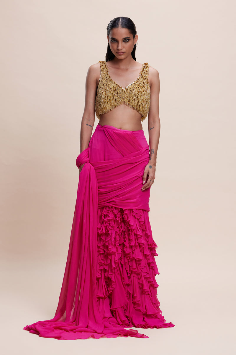 Hot Pink Sari with Gold Blouse