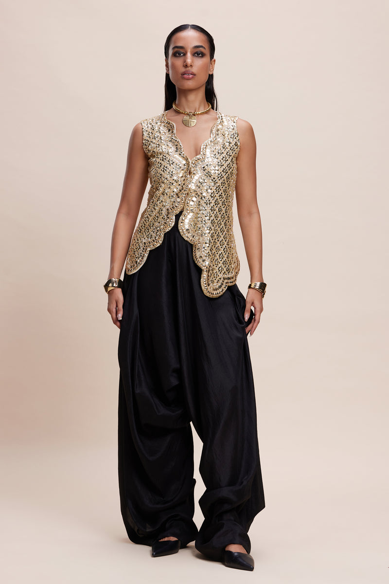 Golden Embellished Jacket and Black Dhoti Set (with Cape)