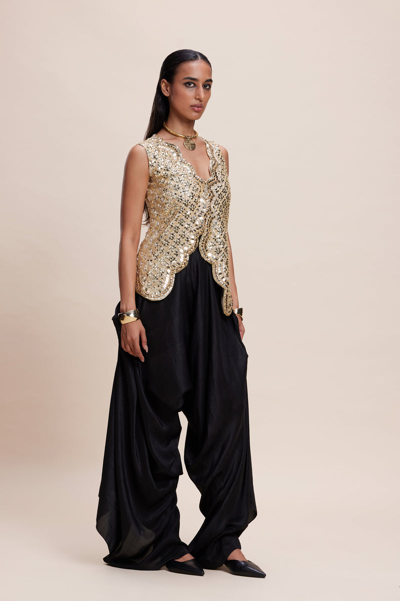 Golden Embellished Jacket and Black Dhoti Set (with Cape)