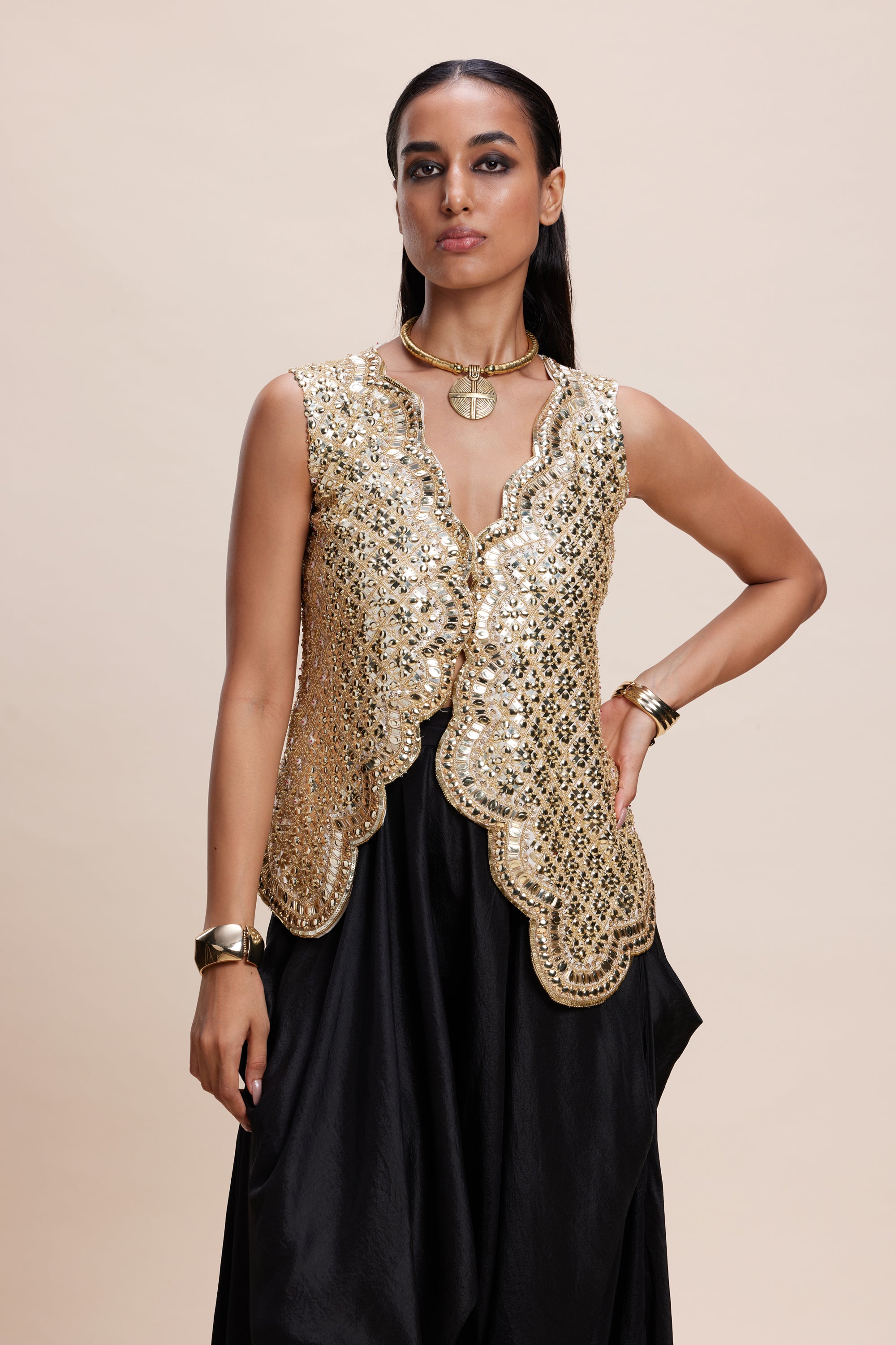 Golden Embellished Jacket and Black Dhoti Set (with Cape)