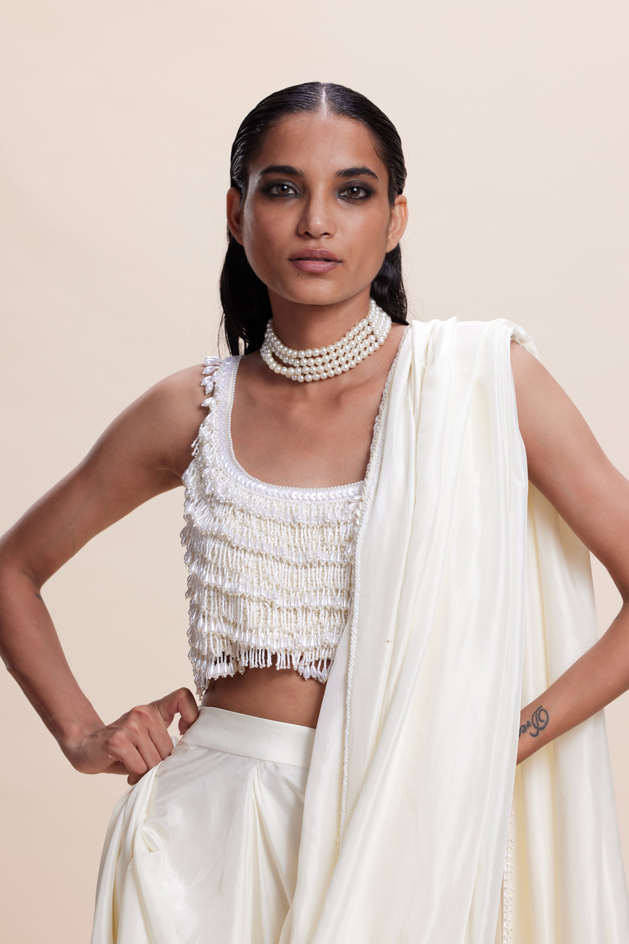 White Sari with Embellished Blouse