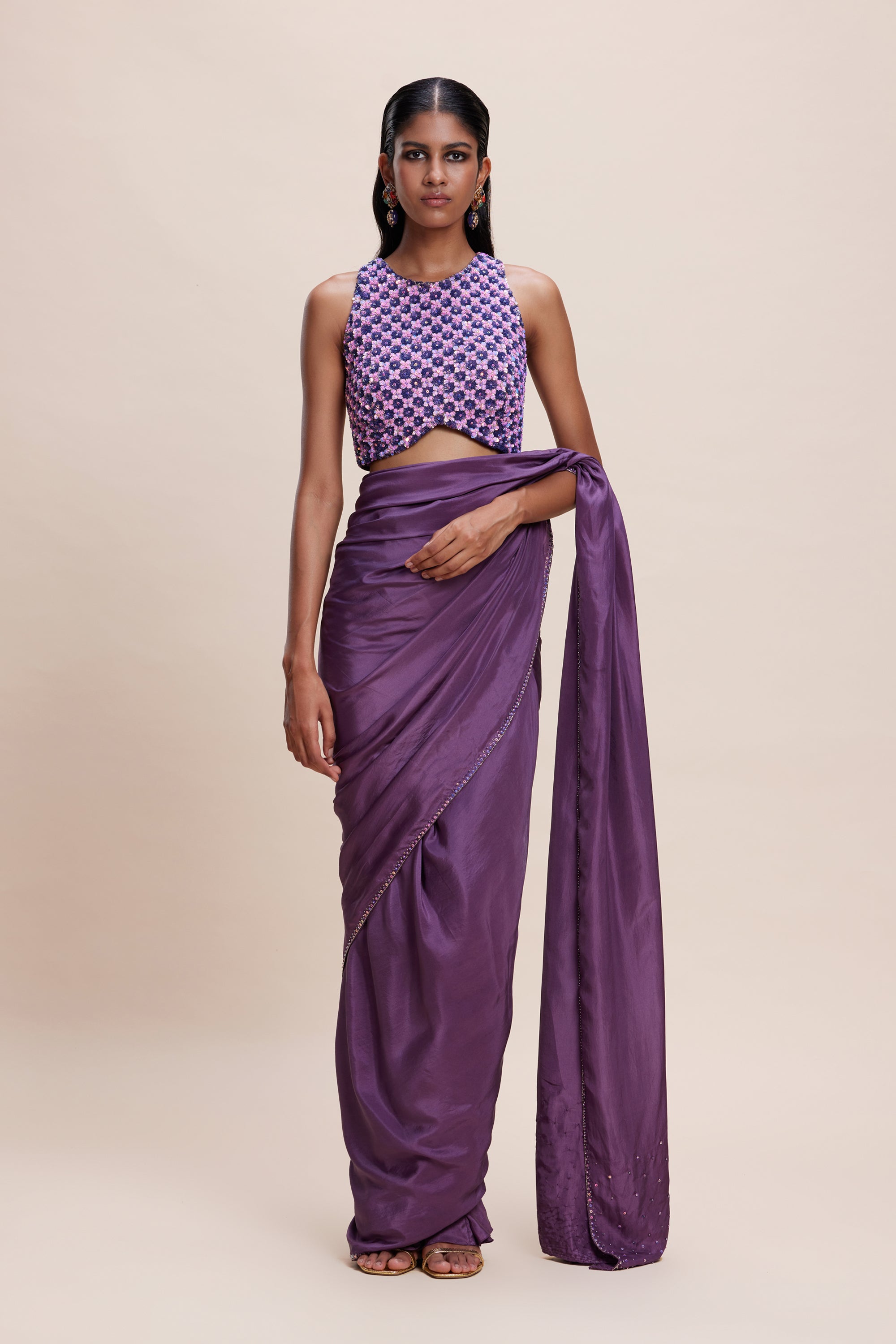 Purple Saree with Embellished Blouse