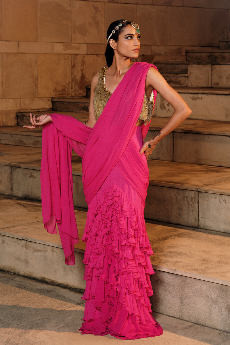 Hot Pink Sari with Gold Blouse