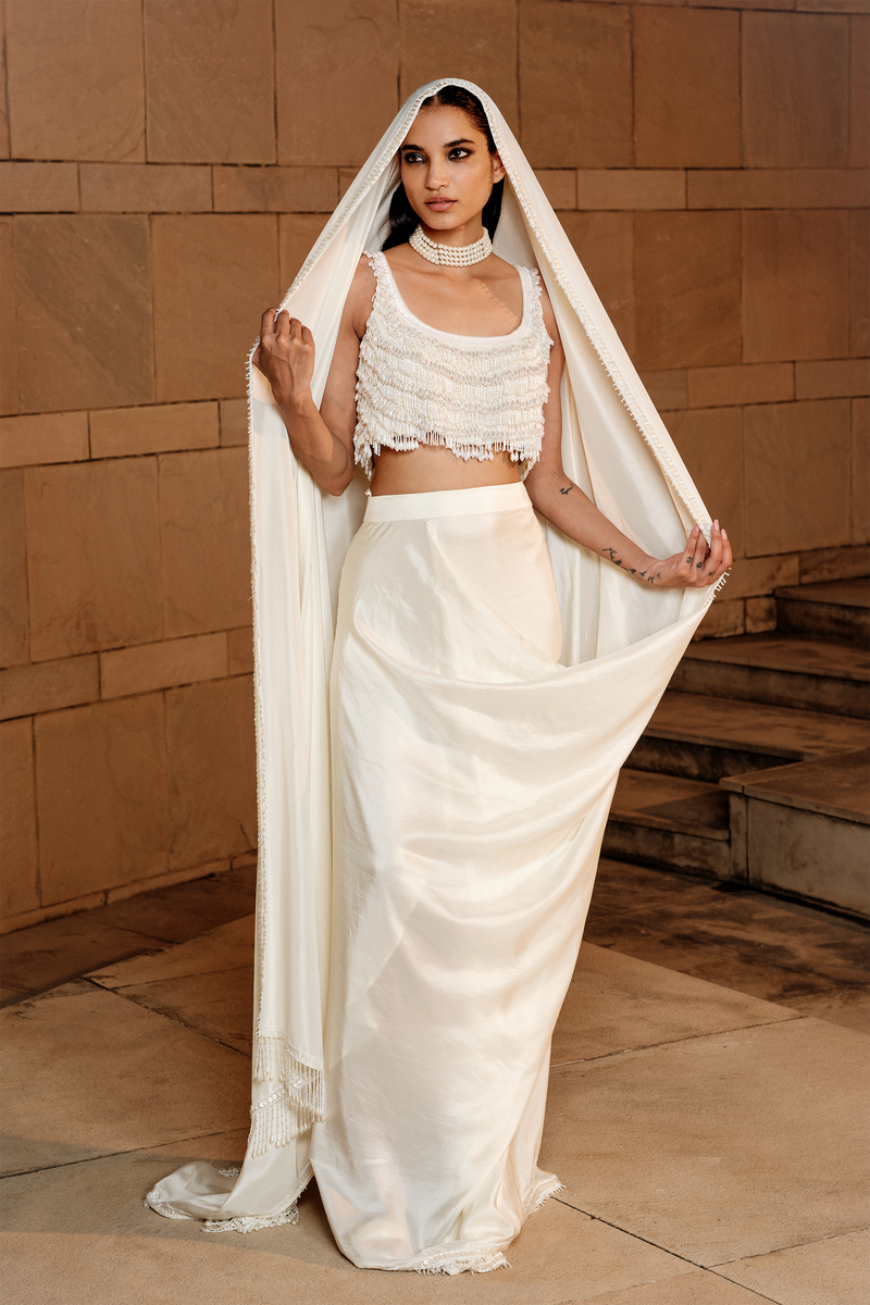 White Sari with Embellished Blouse