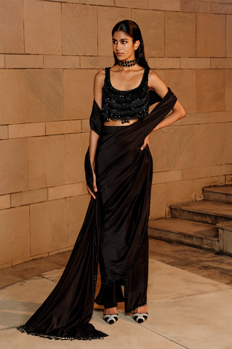 Black Saree with Embellished Blouse