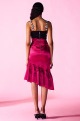 Priya pink satin cocktail dress with stones embroidery straps