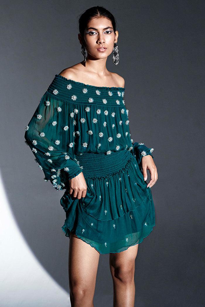 Green Ruched Sleeves Dress With Swarovski Crystals