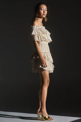White Off-Shoulder Sequinned Ruffle Dress