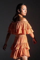 Orange Off-Shoulder Sequinned Ruffle Dress