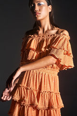 Orange Off-Shoulder Sequinned Ruffle Dress