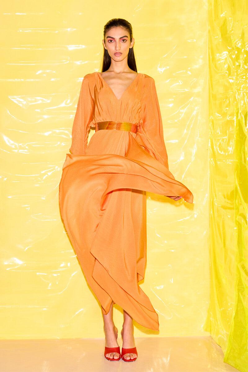 Neon Orange Draped Midi Dress