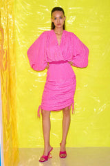 Neon Pink Rhinestone Draped Dress