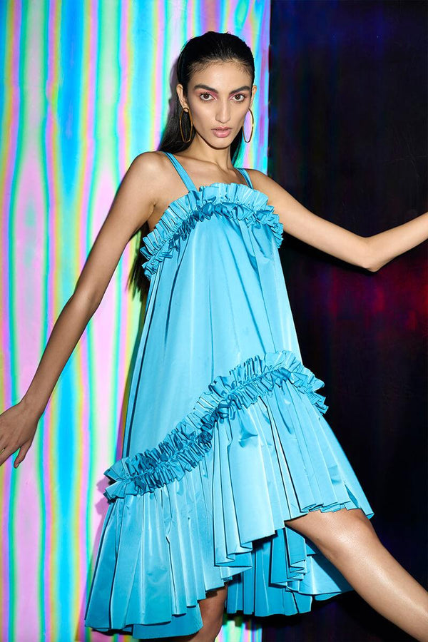 Neon Blue Ruffled Strappy Dress