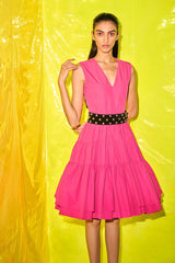 Hot Pink Belted Ruffled Dress