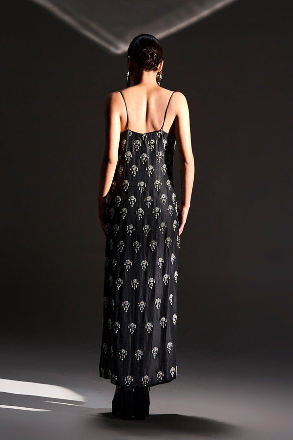 Black Strappy Embellished Dress With Slits