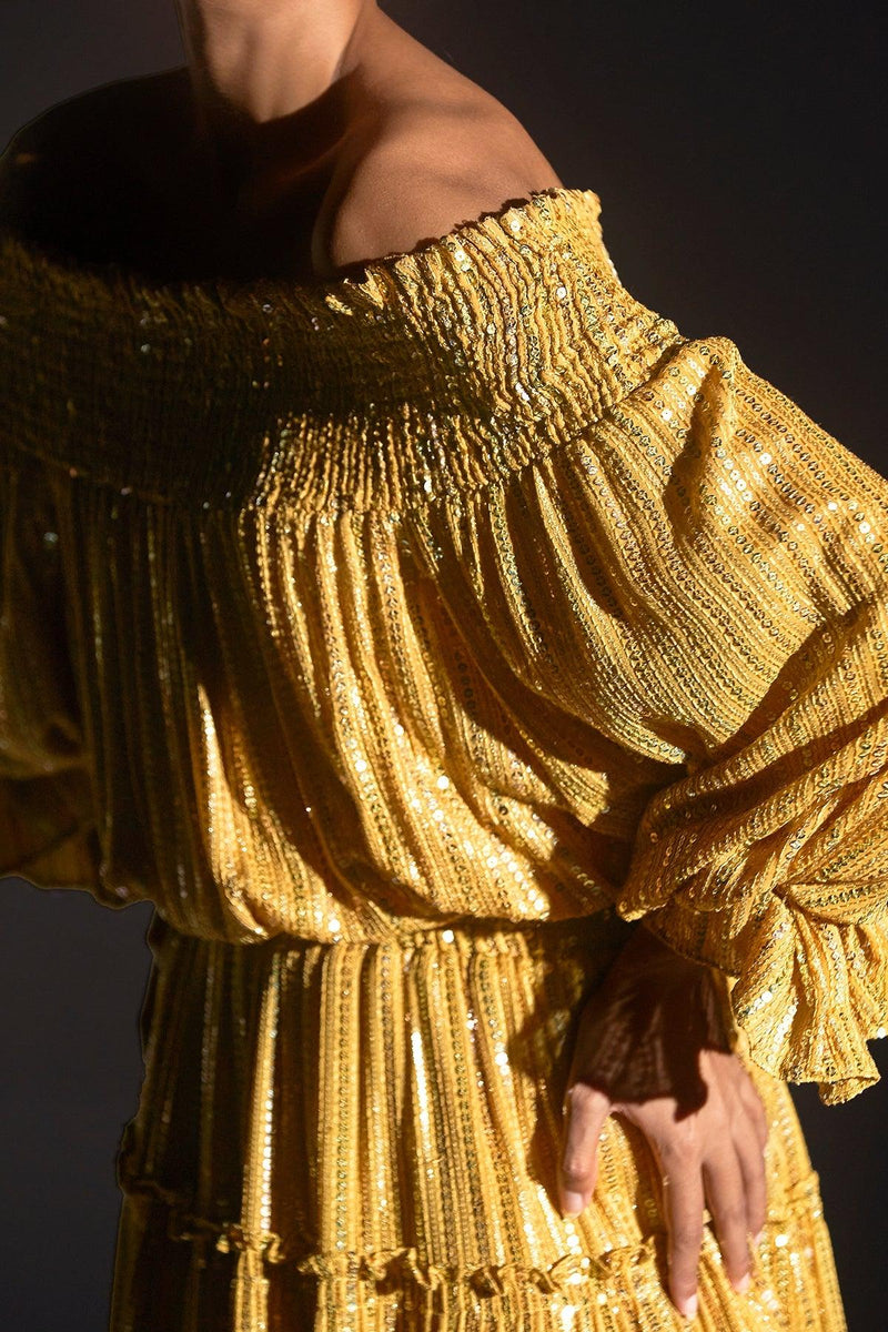 Yellow Off-Shoulder Sequinned Dress