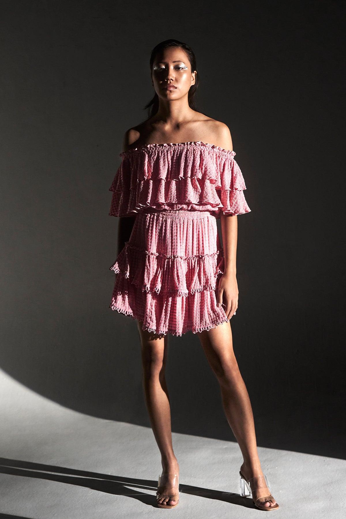 Pink Off-Shoulder Sequinned Ruffle Dress