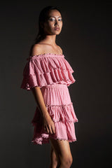 Pink Off-Shoulder Sequinned Ruffle Dress