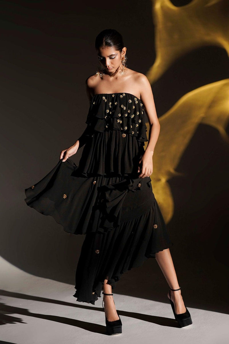 black and gold tube dress BLACK MAXI DRESS WITH CRYSTAL EMBROIDERED AND GOLD DETACHABLE CAPE | CULT MIA