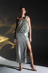 Silver One Shoulder Knotted Sequinned Midi Dress