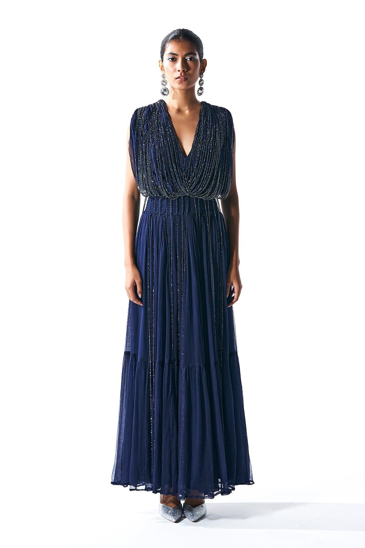 Midnight Blue Maxi Dress With Crystal Strings