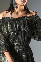 Gold Metallic Shimmer Off-Shoulder Dress