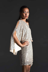 Silver Embellished Wrap Dress With Satin Belt