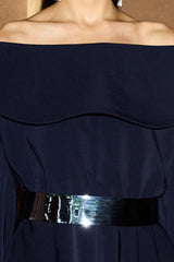 Midnight Blue Off-Shoulder Belted Dress