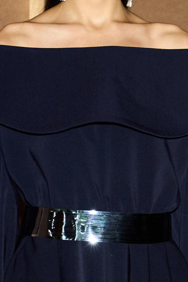 Midnight Blue Off-Shoulder Belted Dress